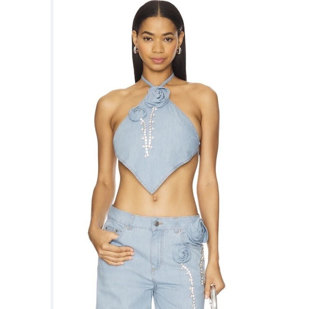 AREA Floral Appliqué Denim Halter Top Super Light Blue Medium 100% Cotton - Picture 2 of 12